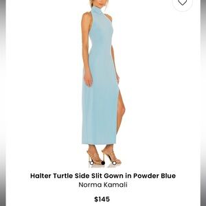 Norma Kamali blue turtleneck slide slit dress